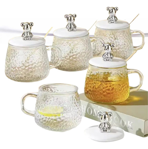 5 Pz Taza De Vidrio Café Té Con Tapa Y Cucharita, Azucarera