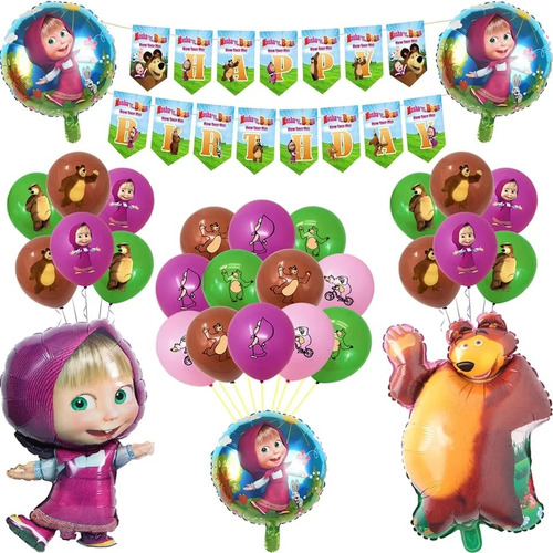 Set Globos Con Banderín De Masha Y El Oso Cumpleaños