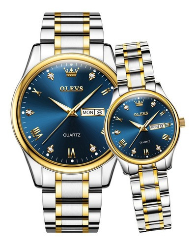 Reloj De Pareja Olevs De Cuarzo Inoxidable Luminoso, 2 Unida Color del fondo Silver Golden Blue