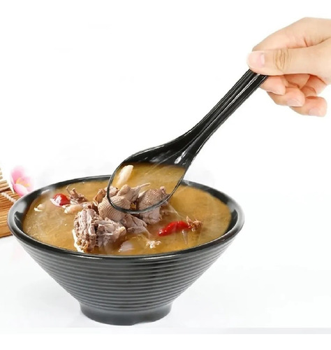 6 Colher Japonesa Melamina Preto Gourmet Oriental Sopas