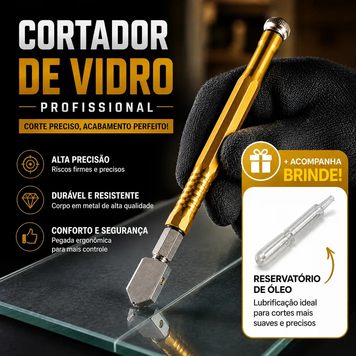 Cortador De Vidro Profissional + Reservatório De Óleo Riscador De Espelho Cêramica E Porcelanato Caneta Manual Vidraceiro