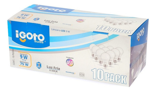Foco led iGoto A60 Bulbo color blanco frío 9W 6500K 810lm por 10 unidades
