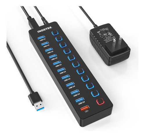 INGSTEK 11 Puertos Hub USB, 10 Puertos USB 3.0 de 5Gbps + 1 Puerto de Carga Inteligente con Interruptor Independiente LED | con Adaptador de corriente