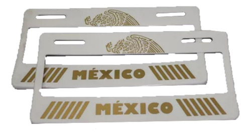 Porta Placa Bandera México Dorado Decorado Blanco 2 Piezas