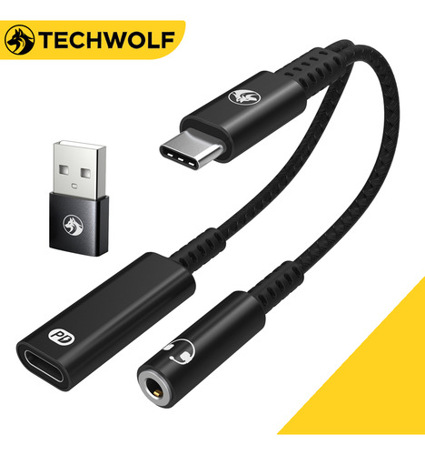 Adaptador Dac Audio Usb C A Audifonos 3.5 Mm, Techwolf 2 En 1 Convertidor De Auriculares Auxiliar Tipo C De 3,5mm Con Puerto De Carga Type-c Pd3.0 Y Conector De Audio Auxiliar Chip Dac