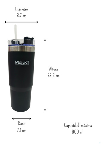 Termo Vaso 800 Ml Doble Pared Acero Inoxidable Con Popote Negro