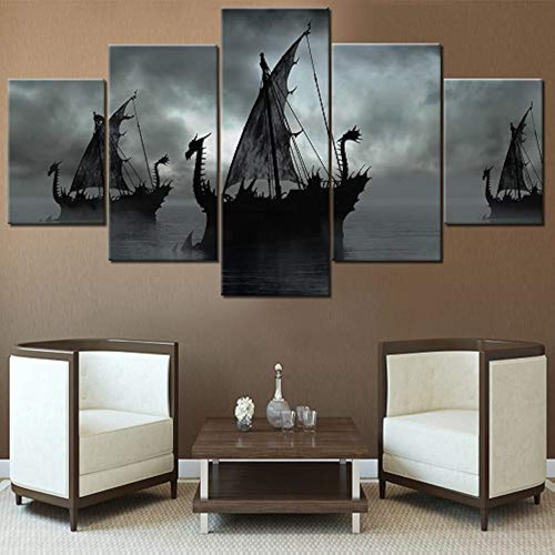 Decoración Nórdica Pintura En Blanco Y Negro Barco De Viking