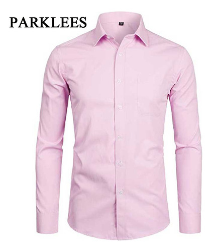 Camisa De Vestir Ajustada Para Hombre, Manga Larga Con Boton