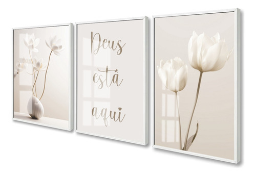 3 Quadros Decorativos Flores Bege Boho Frases Moldura Vidro