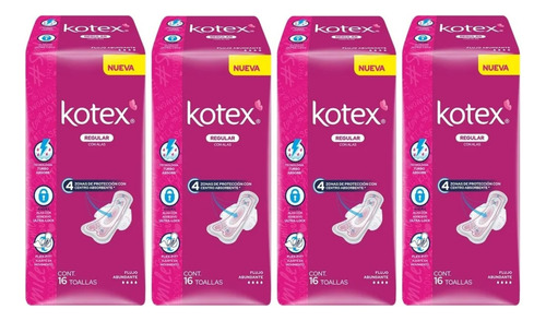 4 Toallas Femeninas Kotex Regular Con Alas Con 16 Piezas