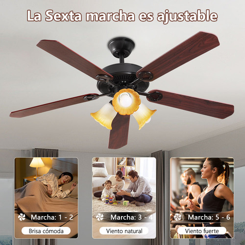 Ventilador Techo 52 Pulgadas De Madera 6 Velocidades Control 1.32 M 60 Hz Negro Marrón Madera 5
