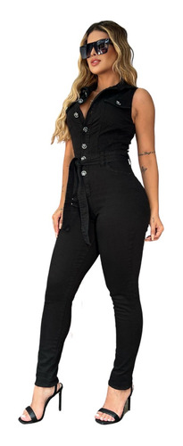 Macacão Regata Sarja Jeans Preto Planet Girls Original