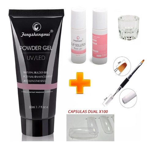 Combo 1 Polygel Powder Gel 50ml Uv/led + Pincel + Solución