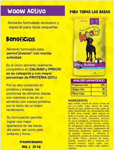 Imagen 4 de 6 de Croquetas Para Perro Woow Activo 25kg Adicionado Con Omegas