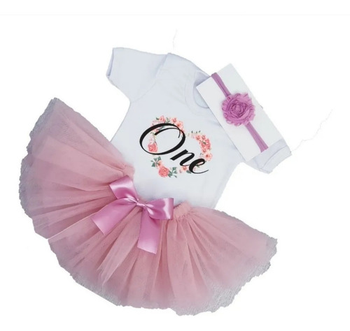 Conjunto Personalizado Tutu Primer Año Pañalero Diadema Bebe Rosa 7 6-12 M