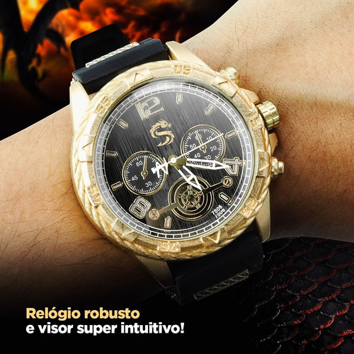 Relógio Masculino Aço Inox Social Banhado Dourado + Corrente