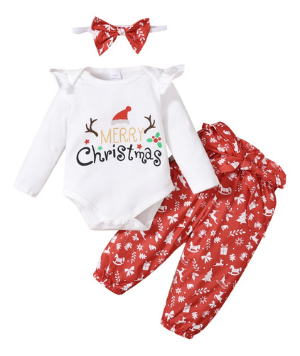 Conjunto Ropa De Navidad Bebe Niña Body, Pantalon, Cintillo