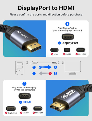 Displayport 4k Con Cable Hdmi De 3 Pies, Jsaux Dp A Hdmi Vid