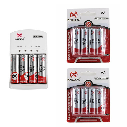 12 Pilhas Recarregáveis Mox Aa 2600mah + Carregador Rápido