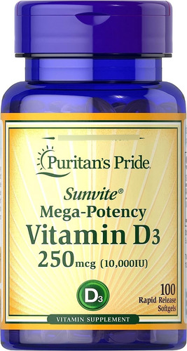 Vitamina D3  Puritan's Pride 100 Softgels 250 Mcg (10000iu)