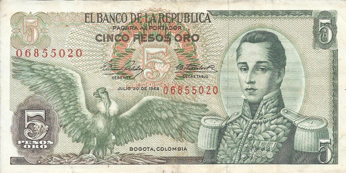 Colombia  5 Pesos Oro 20 De Julio 1968