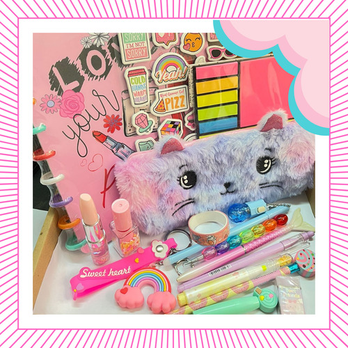 Kit Papelaria Kawaii 15 Itens Fofos Com Caderno Inteligente