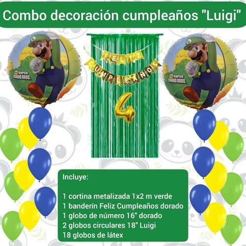 Combo Decoración Cumpleaños Luigi Mario Bros Globos Cortina