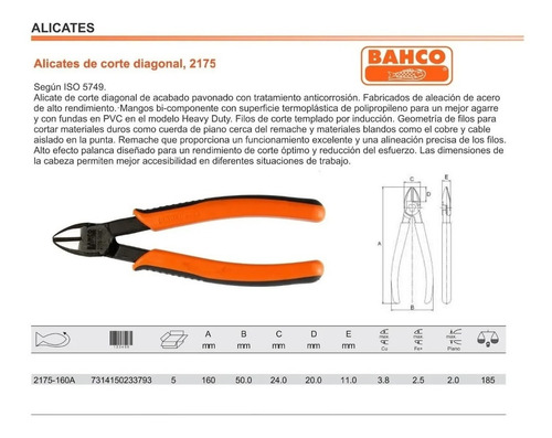 Imagen 3 de 9 de Alicate Bahco 160mm 2175-160a Corte Lateral Mango Ergonomico