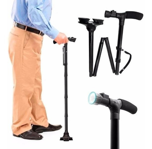 Bastón Plegable Con Lámpara Led Y Alarma Sos Base 360 Grados