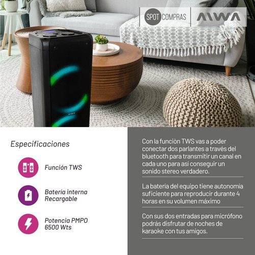 Imagen 5 de 9 de Parlante Torre Bluetooth Portátil Ring Luces Aiwa Aw-t506r