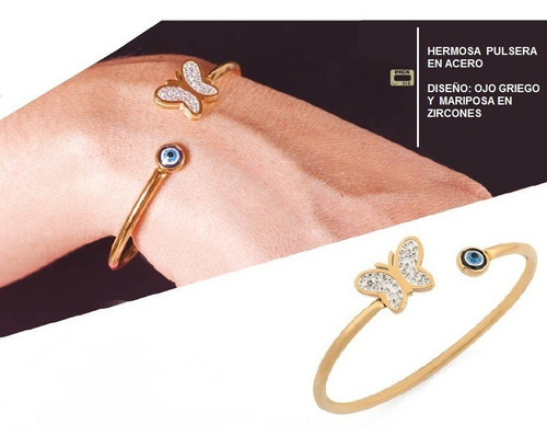 Imagen 2 de 2 de Hermoso Aro Pulsera Acero Ojo Griego Mariposa En Zircones