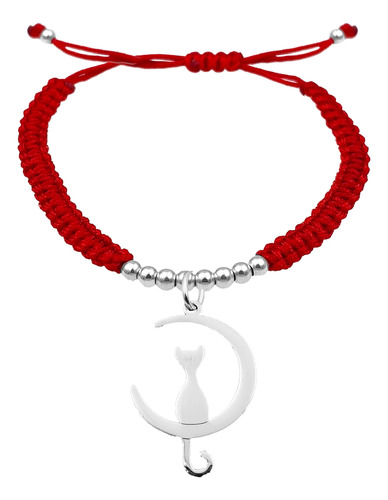 Pulsera Bolitas Gato Luna Plata 925 Roja