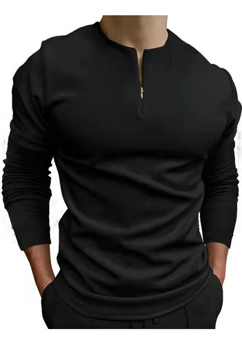 Camisa Polo Masculina Zíper Preto Cinza Blusa Manga Long [u]