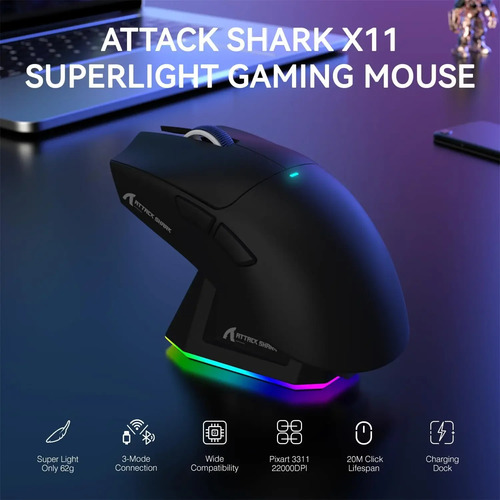 Mouse Gamer X11 Attack Shark Tri Mode 22000dpi Paw3311 Dock Preto