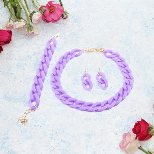 Conjunto De Collar, Pulsera Y Pendientes Con Cadena Púrpura