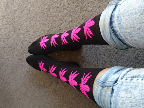 1 Par Calcetines Largos Huf Plantlife Unisex Skate Board Gym Gris Hoja Blanca Estampado Unitalla