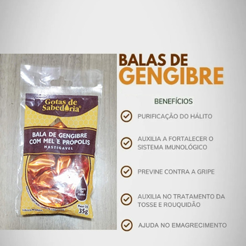 Imagem 2 de 5 de Bala De Gengibre Mel E Própolis Mastigável Kit C/ 18 Un /35g