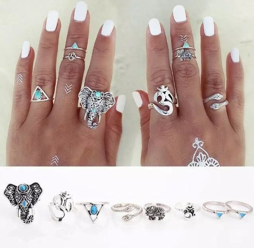 Anillos Midi Ring Tendencia Hojas Set 8 Elefante Serpiente