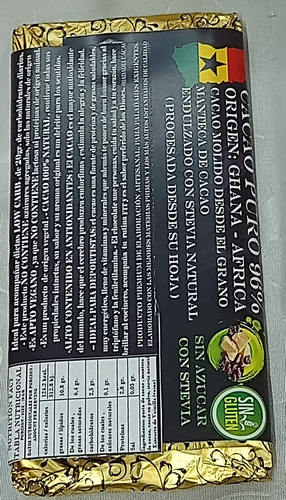 Imagen 6 de 6 de Chocolate 100 Gr 96% Cacao Keto Cetogenico Vegano Stevia