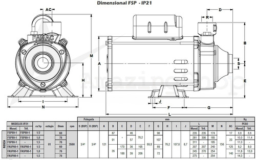 Bomba Periférica Mb Fsp80 1,5cv 220v/380v Trifásica Famac