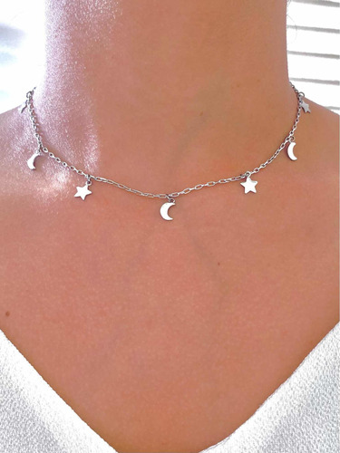 Colar Choker Em Aço Inox Antialérgico Com Estrela E Lua