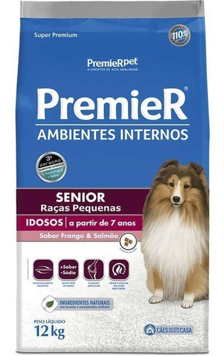 Alimento Premier Super Premium Ambientes Internos para cão senior de raça pequena sabor frango e salmão em sacola de 12kg