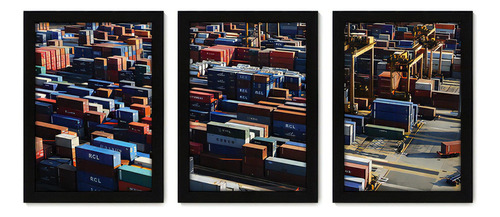 Kit Com 3 Quadros - Porto Containers Paisagem - 137kq02p Cor Da Armação Preto