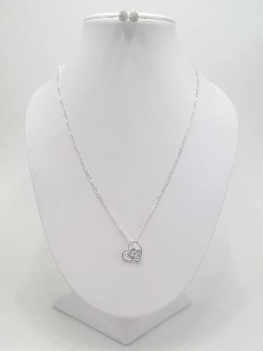 Plata Dije Corazón Con Flor Medalla Y Cadena Collar + Color Plateado