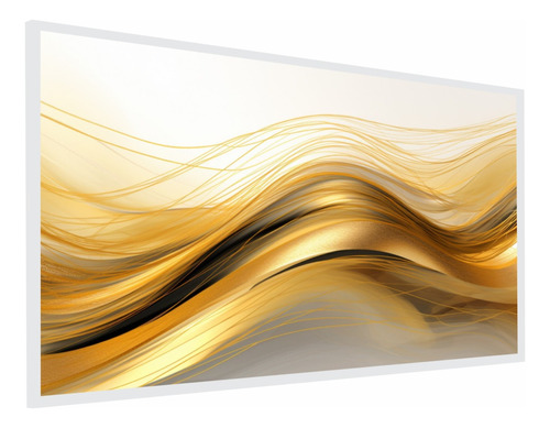 Quadro Decorativo Abstrato Onda Dourada Luxo Moderno Moldura