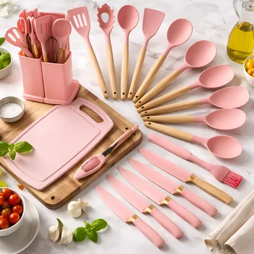 Kit Utensílios Jogo 19 Peças Conjunto Em Silicone  De Cozinha Rosa