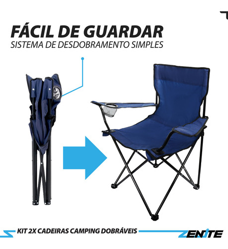 Kit 2 Cadeiras Praia Camping Pesca Dobrável Com Porta Copos + Bolsa Azul Zenite