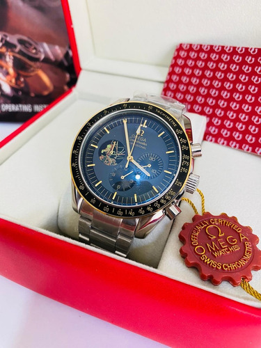 Bonito Reloj Pulsera Omega Apolo + Full Set Plata Plata Negro Azul