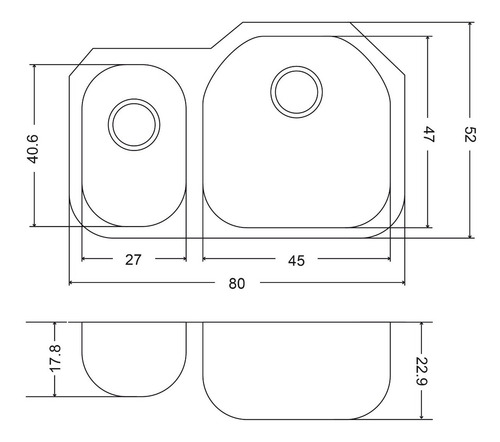 Fregadero Cocina Submontar 2 Tinas 80x52x23 Eb A31209bl Izq