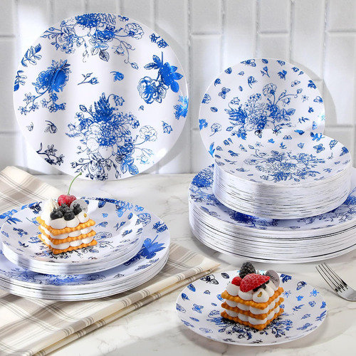 Mifoci Juego De 100 Platos De Plástico Florales Azules Y Bla